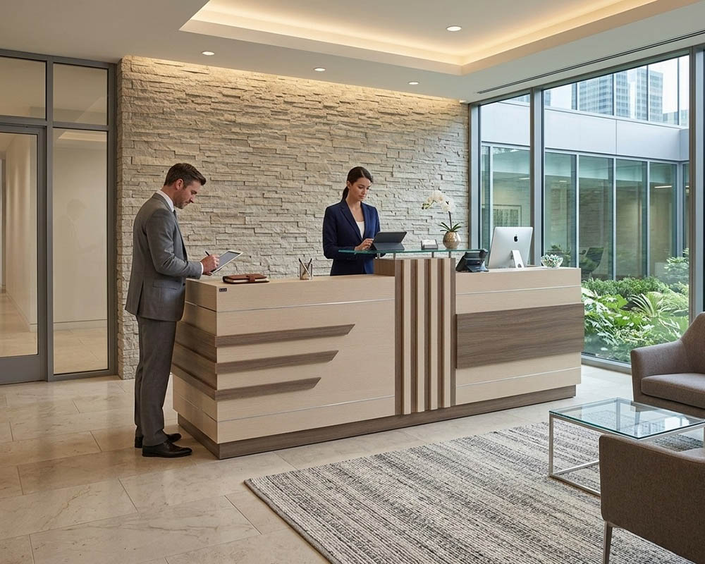 phối cảnh bàn quầy lễ tân BQ101